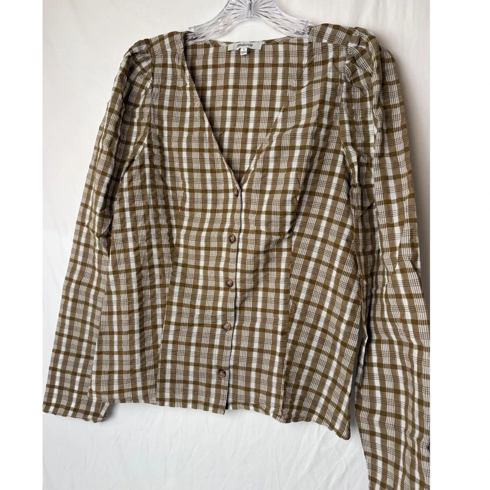 Madewell Plaid Puff Sleeve V Neck Button Front‎ Blouse Top Size 4 Brown White